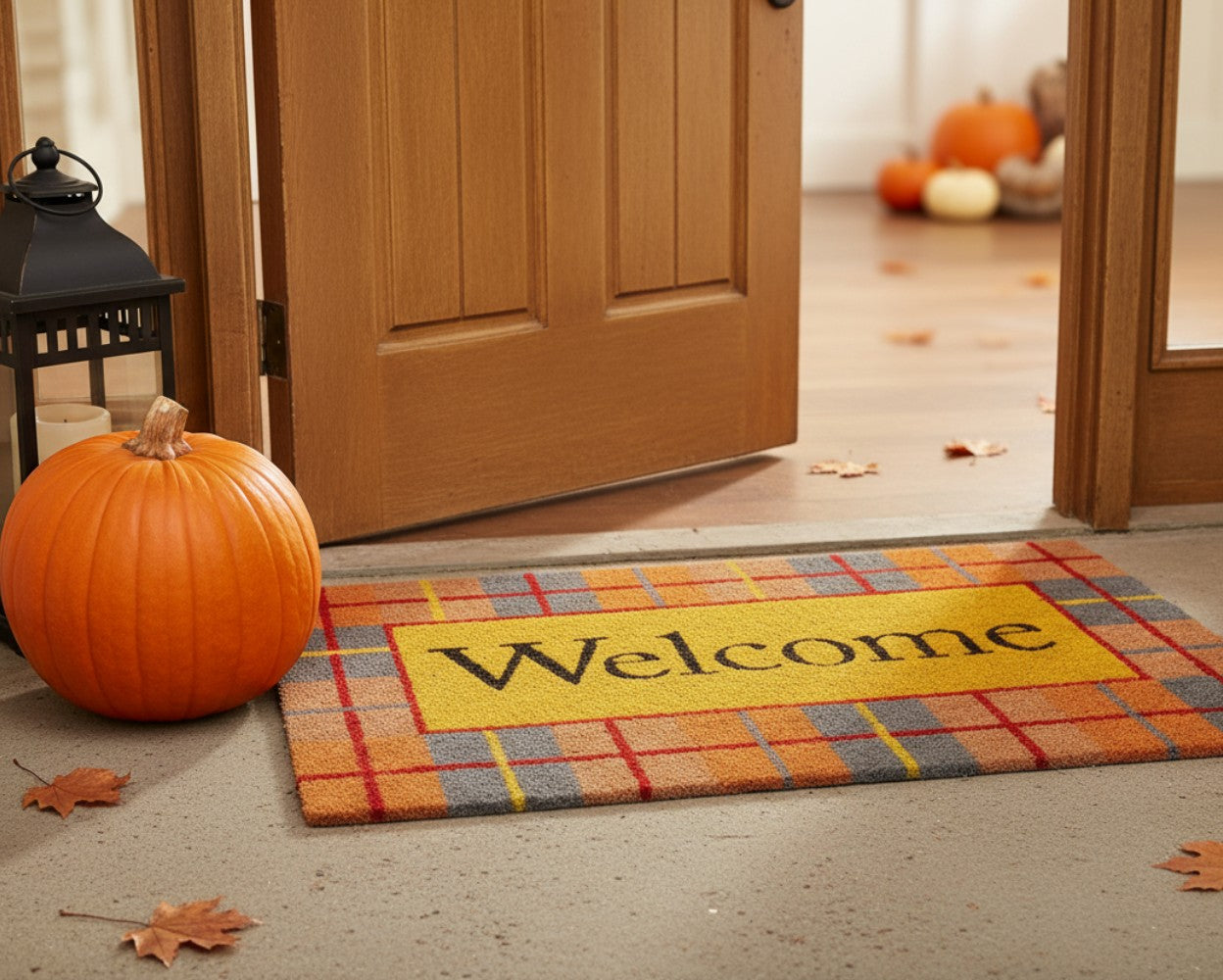 17 X 29 Gray Natural Orange And Yellow Fall Plaid Welcome Outdoor Coir Door Mat