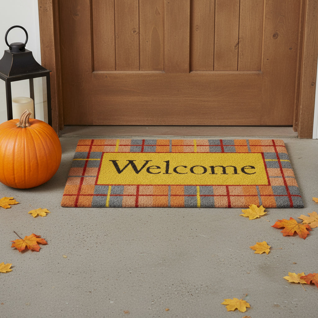 24 X 36 Gray Orange And Yellow Fall Plaid Welcome Outdoor Coir Door Mat