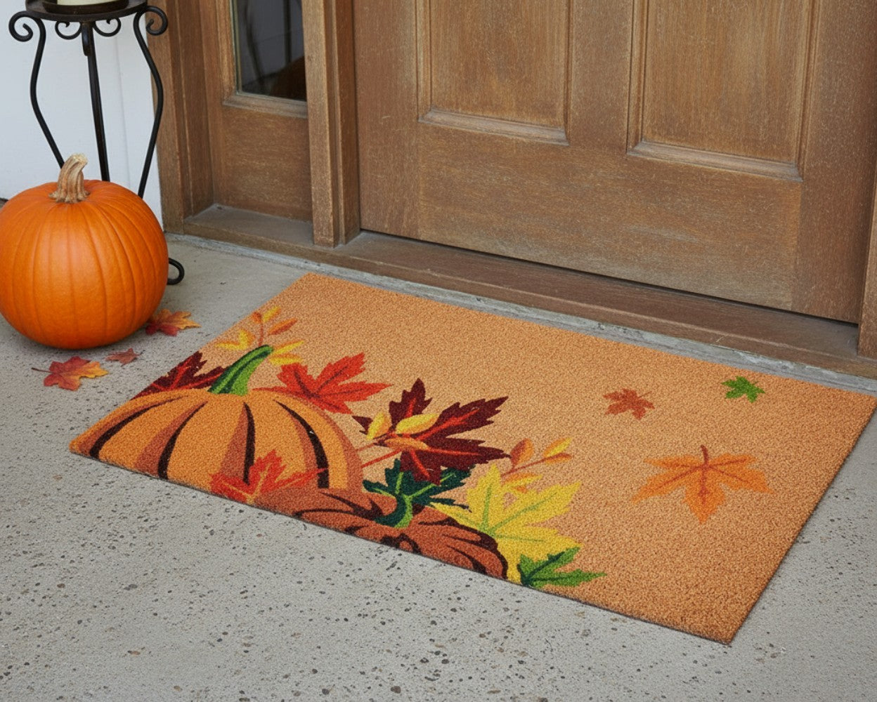 24 X 36 Brown And Natural Fall Pumpkins and Leaves Outdoor Coir Door Mat