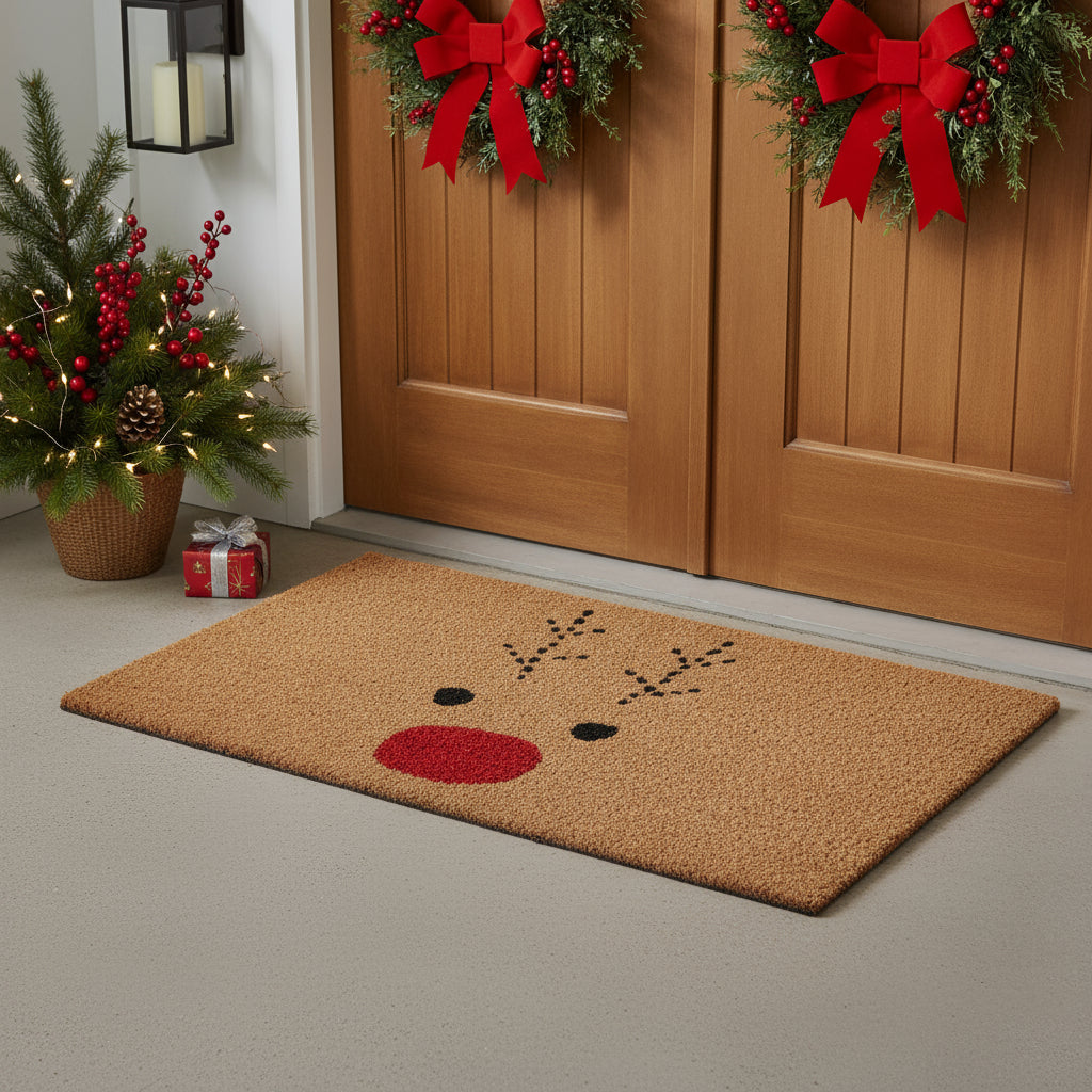 24 X 48 Brown Red And Black Christmas Reindeer Outdoor Coir Door Mat