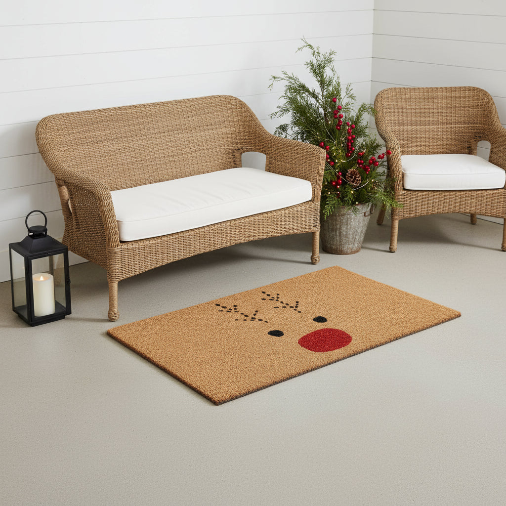 36 X 72 Brown Red And Black Christmas Reindeer Outdoor Coir Door Mat