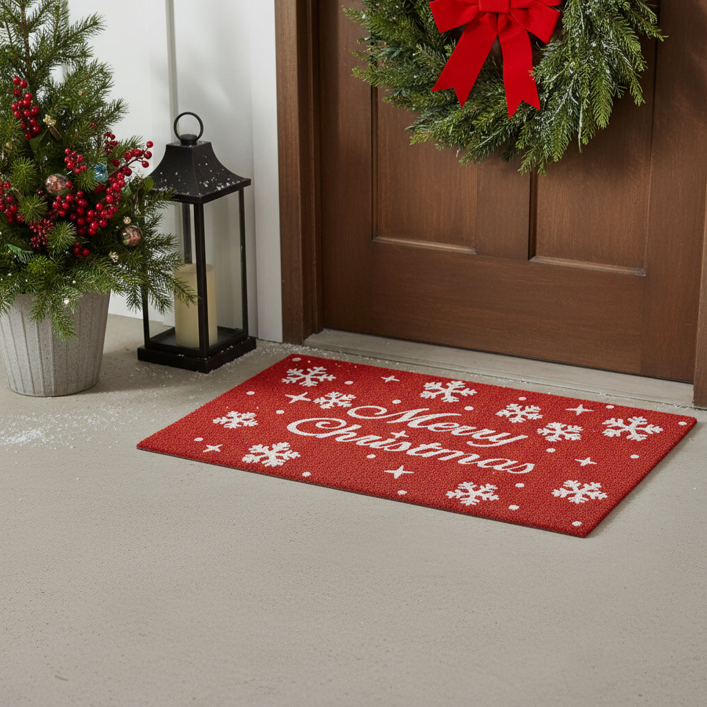 24 X 36 Red And White Christmas Snowflake Merry Christmas Outdoor Coir Door Mat