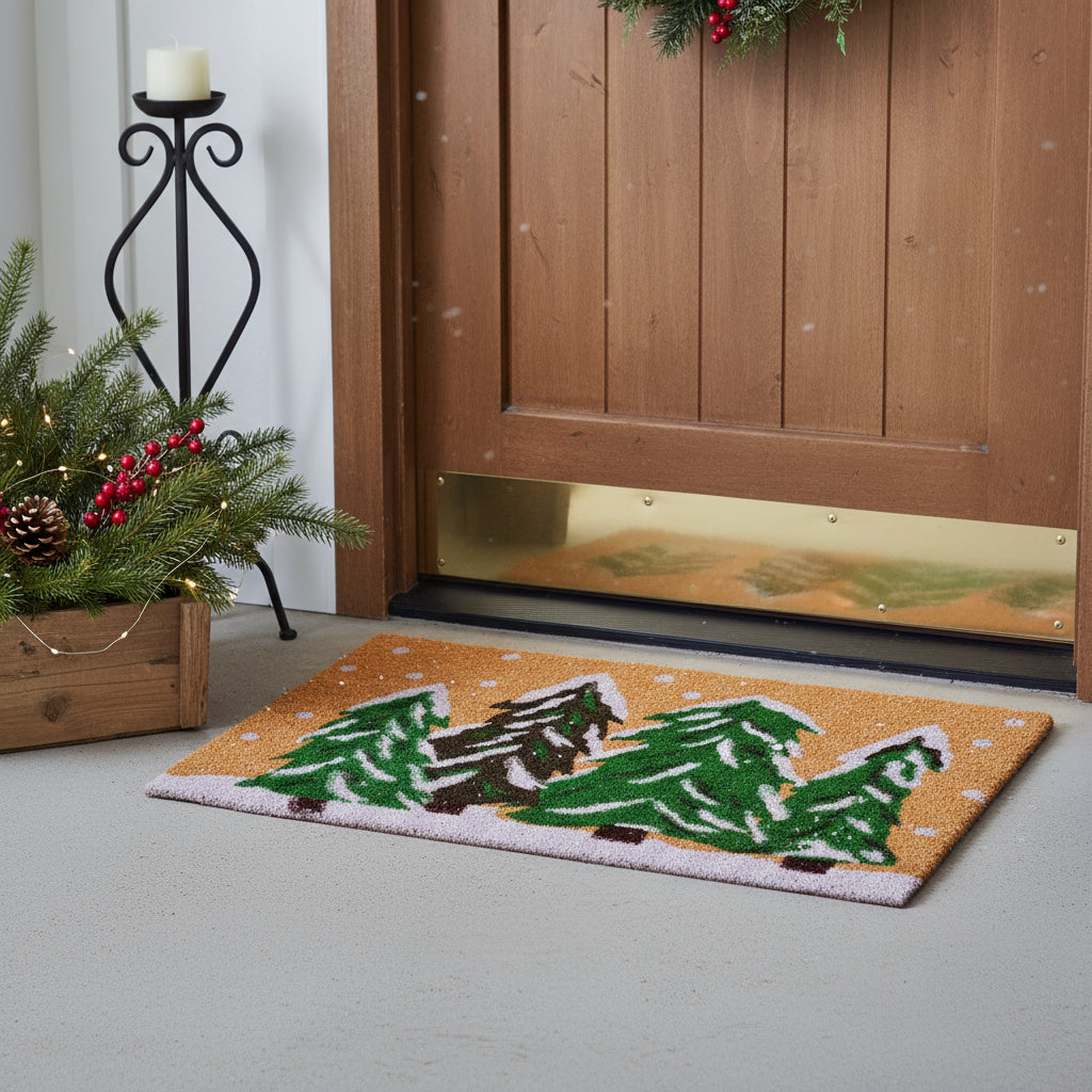 24 X 36 Brown Green And White Christmas Trees Outdoor Coir Door Mat