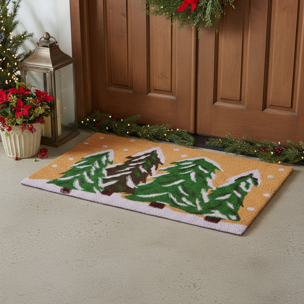 24 X 48 Brown Green And White Christmas Trees Outdoor Coir Door Mat
