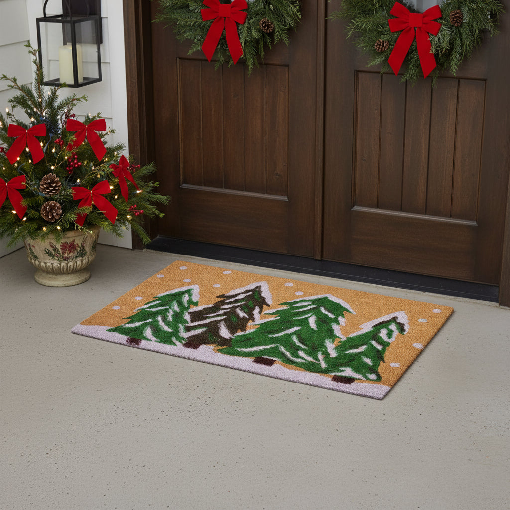 30 X 48 Brown Green And White Christmas Trees Outdoor Coir Door Mat