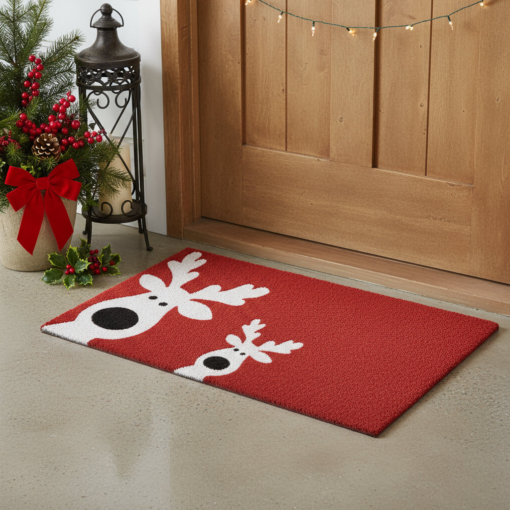 24 X 36 Red White And Black Christmas Reindeer Outdoor Coir Door Mat