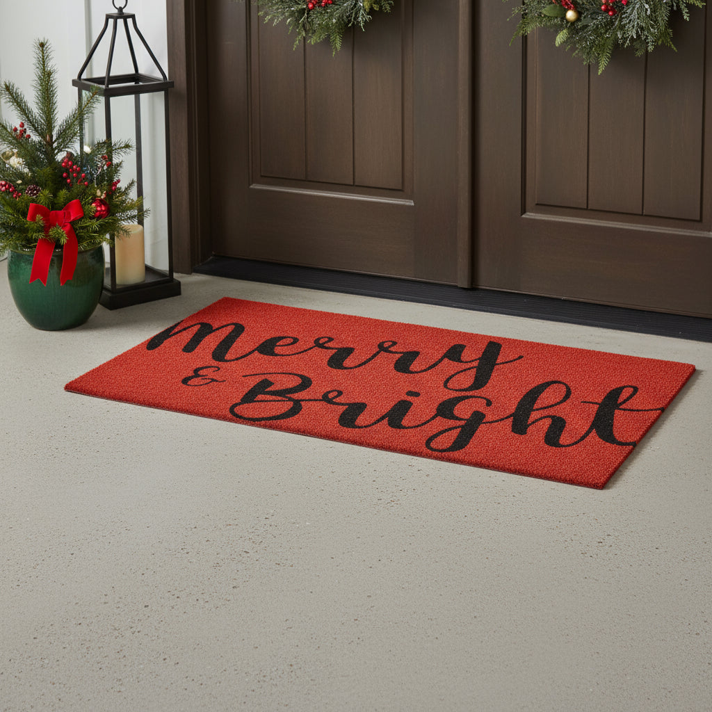30 X 48 Red And Black Christmas Merry and Bright Outdoor Coir Door Mat