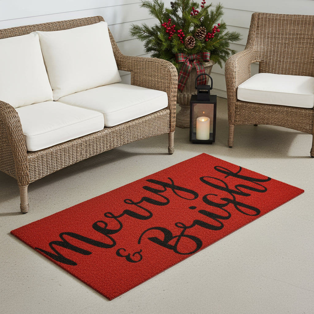 36 X 72 Red And Black Christmas Merry and Bright Outdoor Coir Door Mat