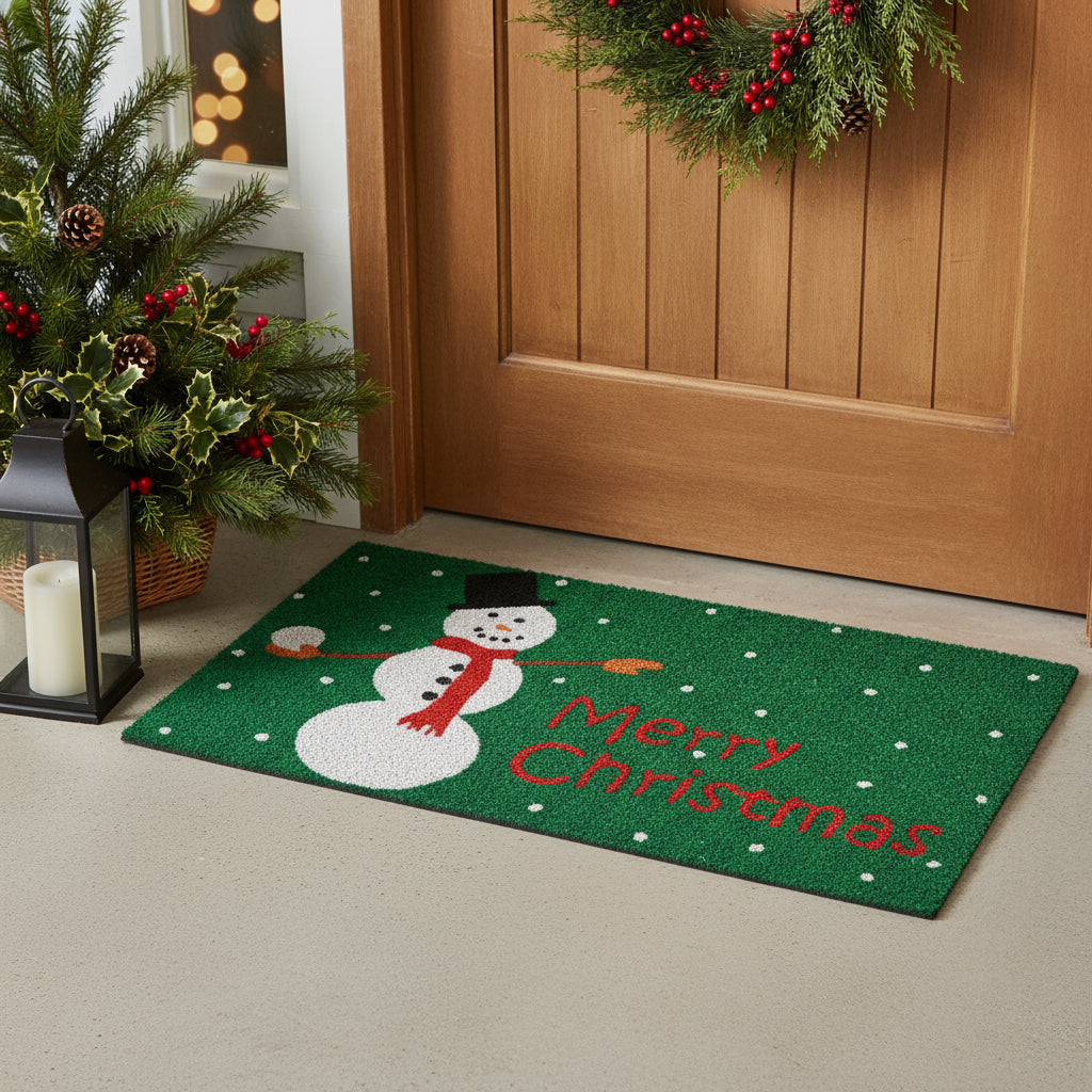 17 X 29 Green White And Red Christmas Snowman Merry Christmas Outdoor Coir Door Mat