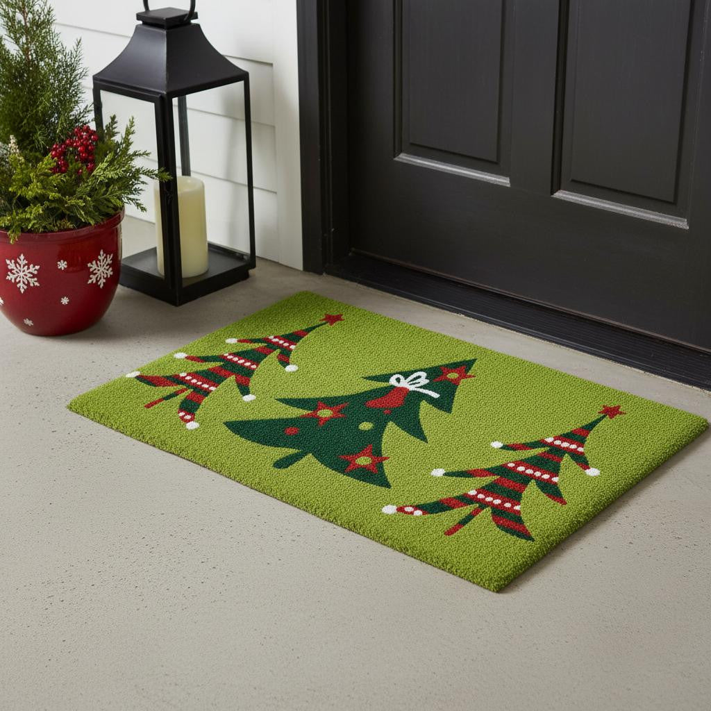 17 X 29 Green And Red Christmas Trees Outdoor Coir Door Mat