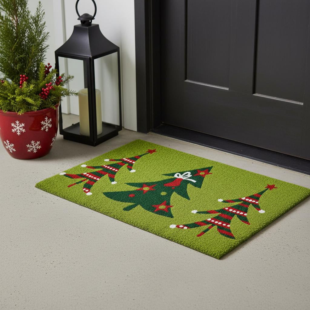 24 X 36 Green And Red Christmas Trees Outdoor Coir Door Mat