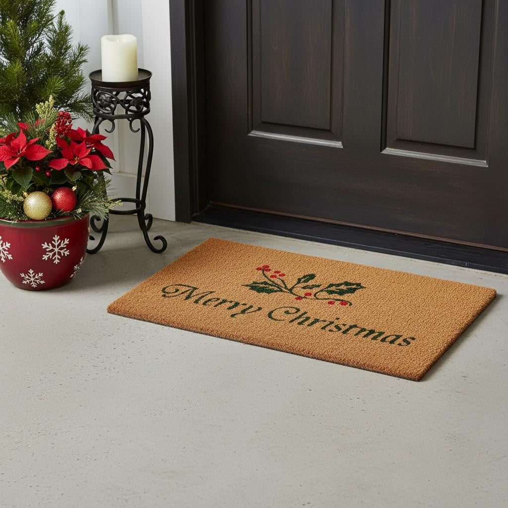 24 X 36 Brown And Dark Green Christmas Merry Christmas Outdoor Coir Door Mat