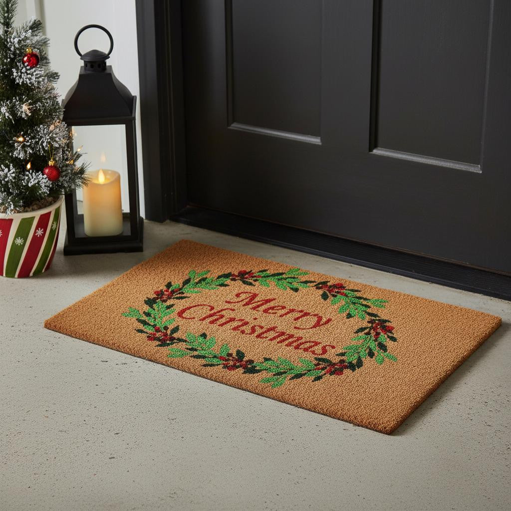 17 X 29 Brown Red And Dark Green Christmas Merry Christmas Outdoor Coir Door Mat