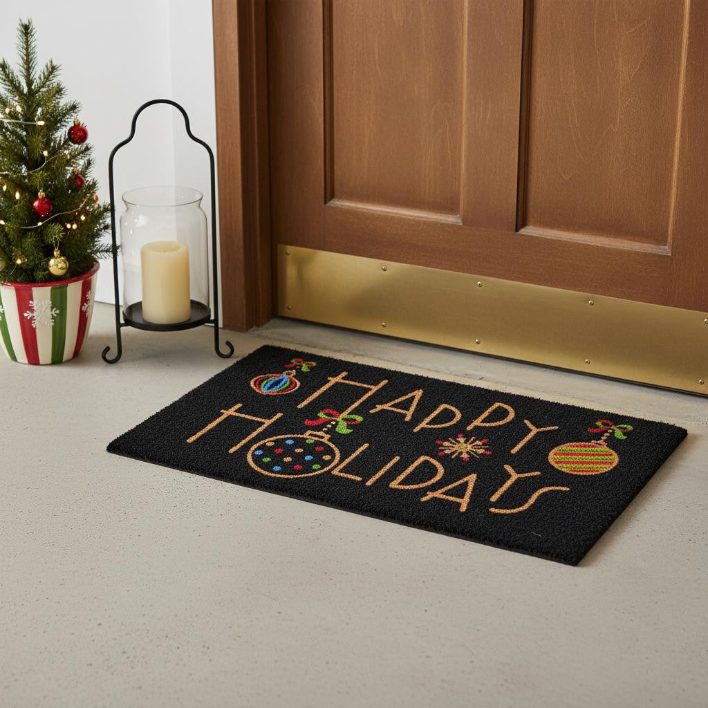 17 X 29 Black And Brown Christmas Happy Holidays Outdoor Coir Door Mat