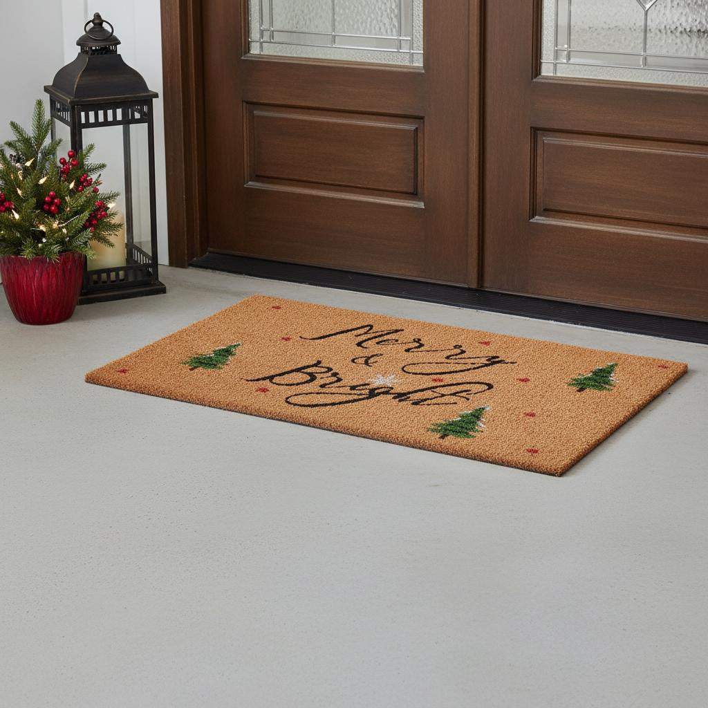 30 X 48 Brown Black And Green Christmas Merry and Bright Outdoor Coir Door Mat