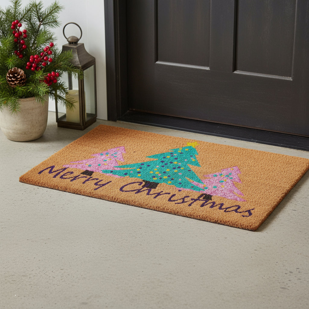 17 X 29 Brown Green And Pink Christmas Trees Merry Christmas Outdoor Coir Door Mat