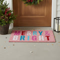 17 X 29 Pink Blue And White Christmas Merry and Bright Outdoor Coir Door Mat
