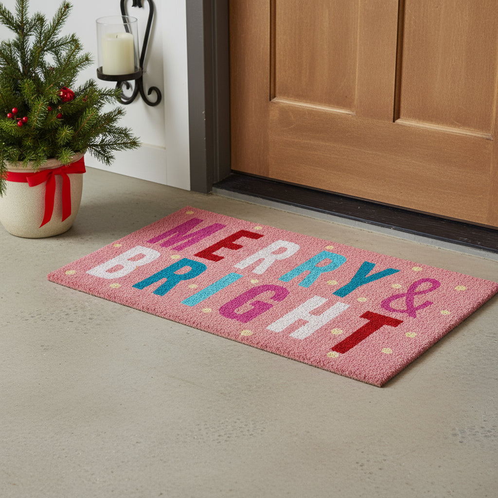 24 X 36 Pink Blue And White Christmas Merry and Bright Outdoor Coir Door Mat