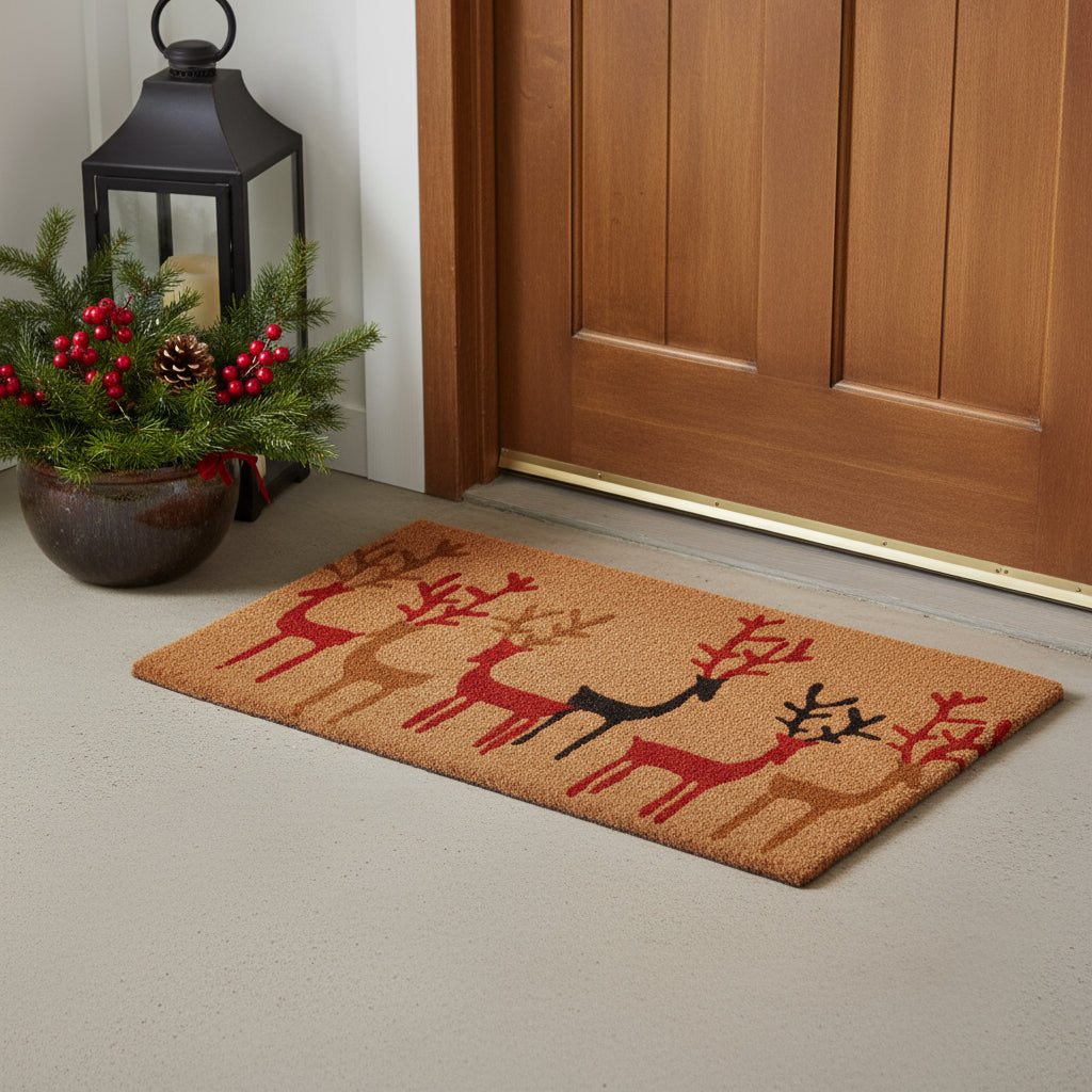 17 X 29 Brown Red And Black Christmas Deer Outdoor Coir Door Mat