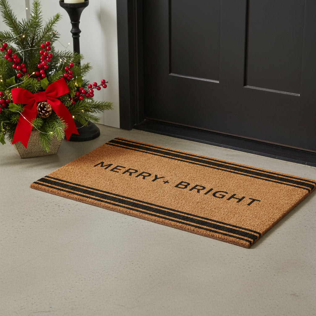 24 X 36 Brown And Black Christmas Merry and Bright Outdoor Coir Door Mat