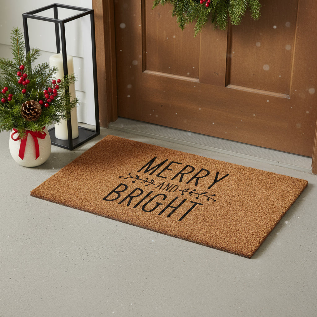 17 X 29 Brown And Black Christmas Merry and Bright Outdoor Coir Door Mat