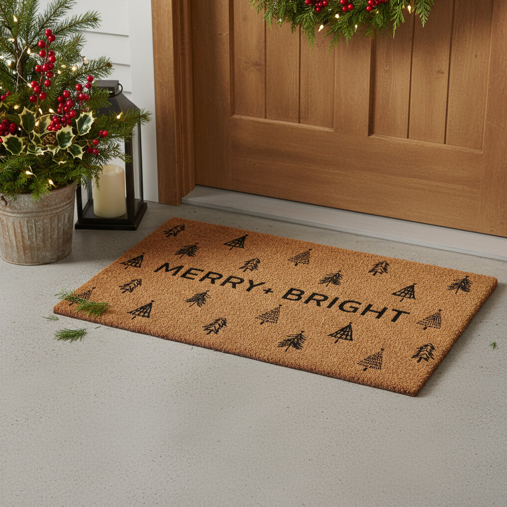 24 X 36 Brown And Black Christmas Trees Merry and Bright Outdoor Coir Door Mat