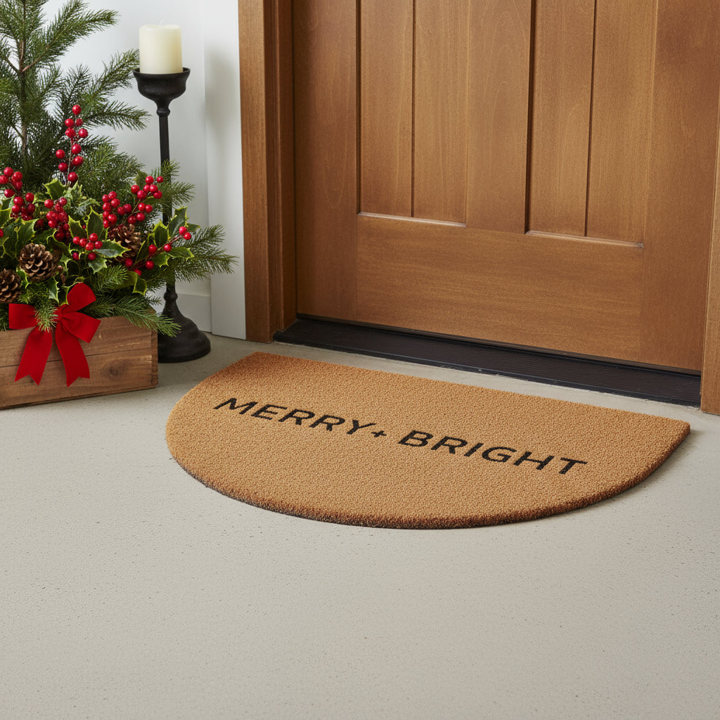 24 X 36 Brown And Black Christmas Merry and Bright Semi Circle Outdoor Coir Door Mat