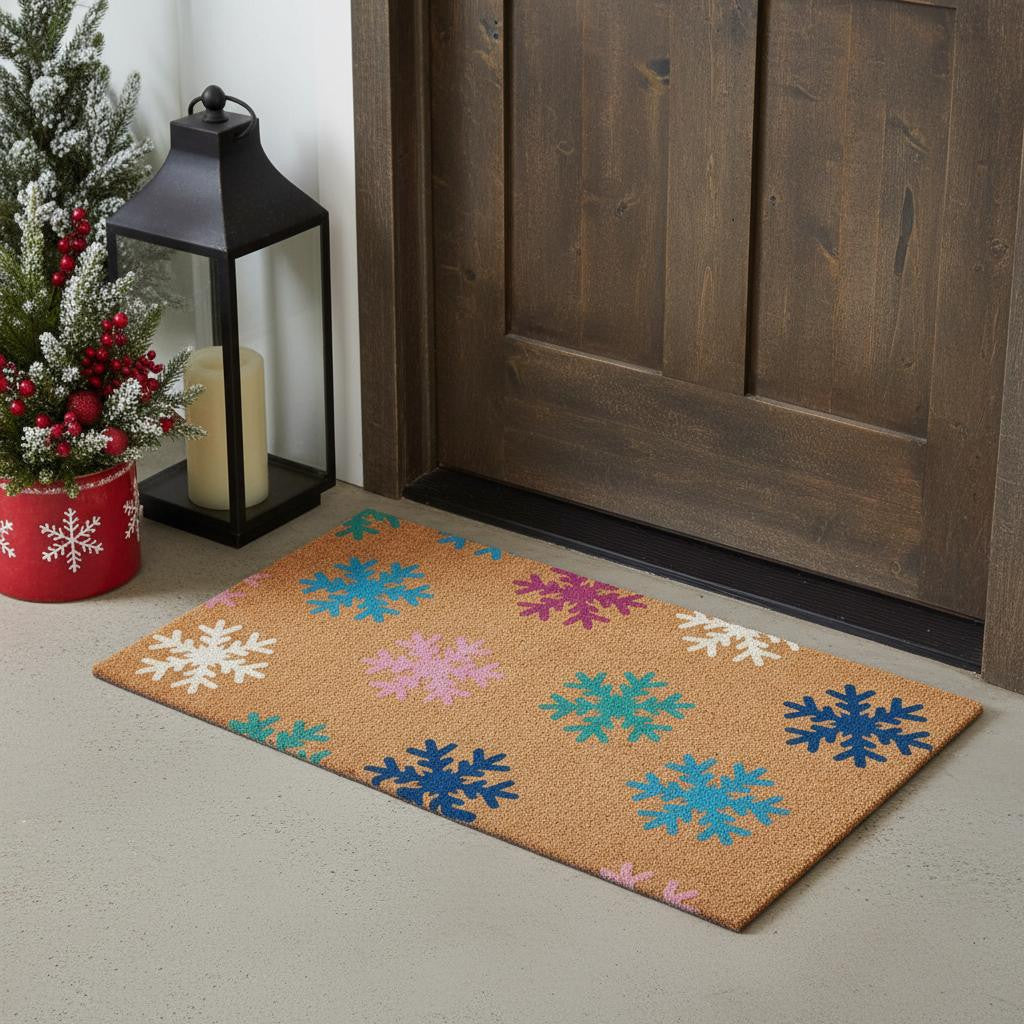 17 X 29 Brown Blue And White Christmas Snowflake Outdoor Coir Door Mat