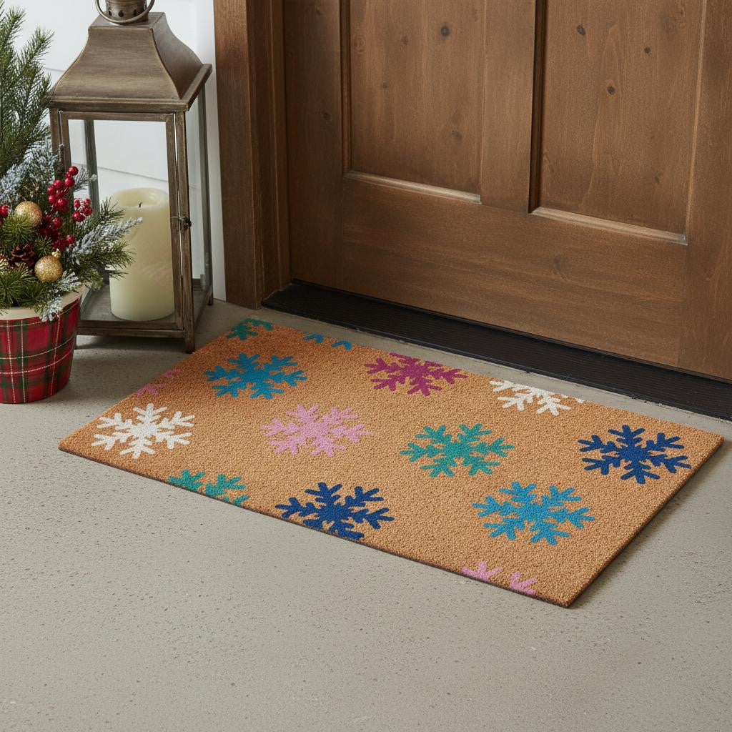 24 X 36 Brown Blue And White Christmas Snowflake Outdoor Coir Door Mat