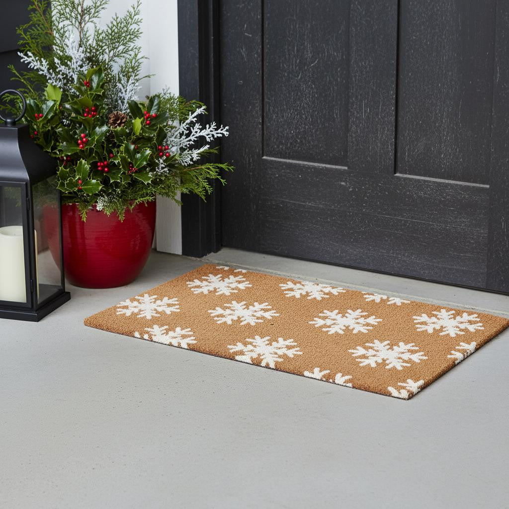 17 X 29 Brown And White Christmas Snowflake Outdoor Coir Door Mat