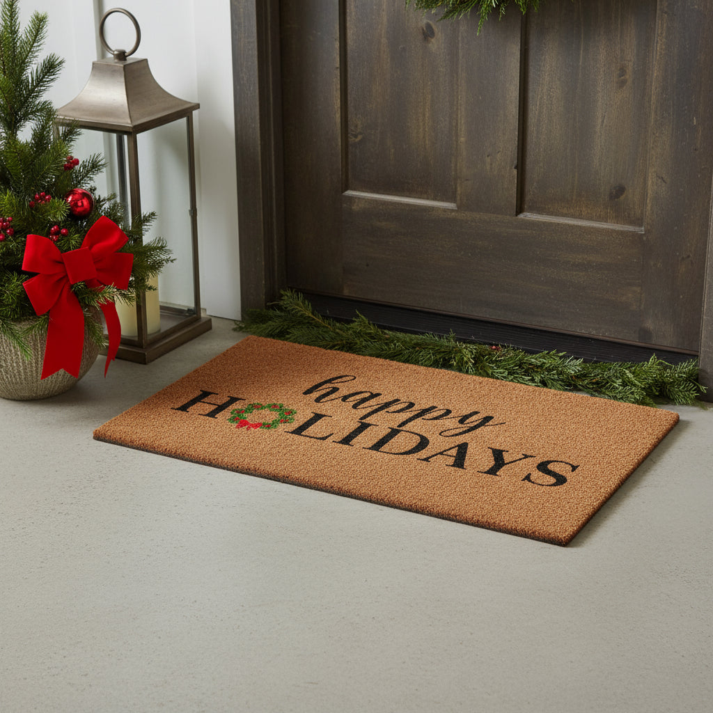 17 X 29 Brown Black And Green Christmas Happy Holidays Outdoor Coir Door Mat