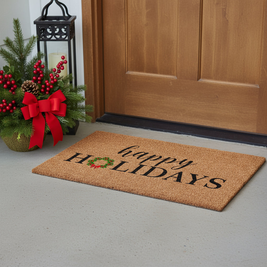 24 X 36 Brown Black And Green Christmas Happy Holidays Outdoor Coir Door Mat