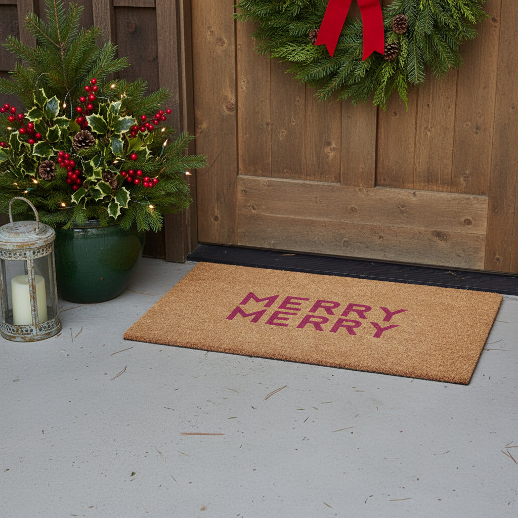 17 X 29 Brown And Pink Christmas Outdoor Coir Door Mat