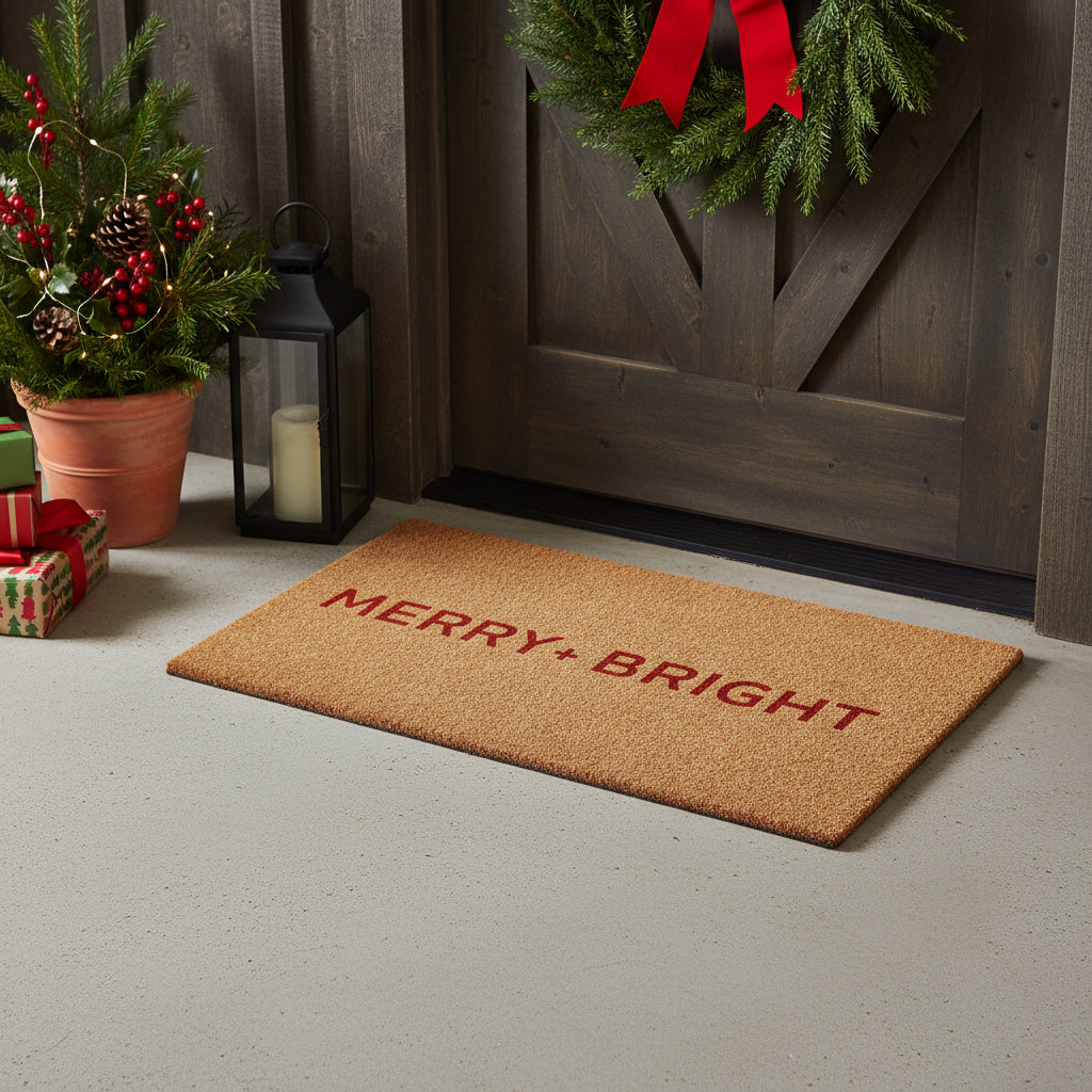 17 X 29 Brown And Red Christmas Merry and Bright Outdoor Coir Door Mat