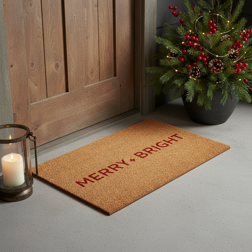 24 X 36 Brown And Red Christmas Merry and Bright Outdoor Coir Door Mat