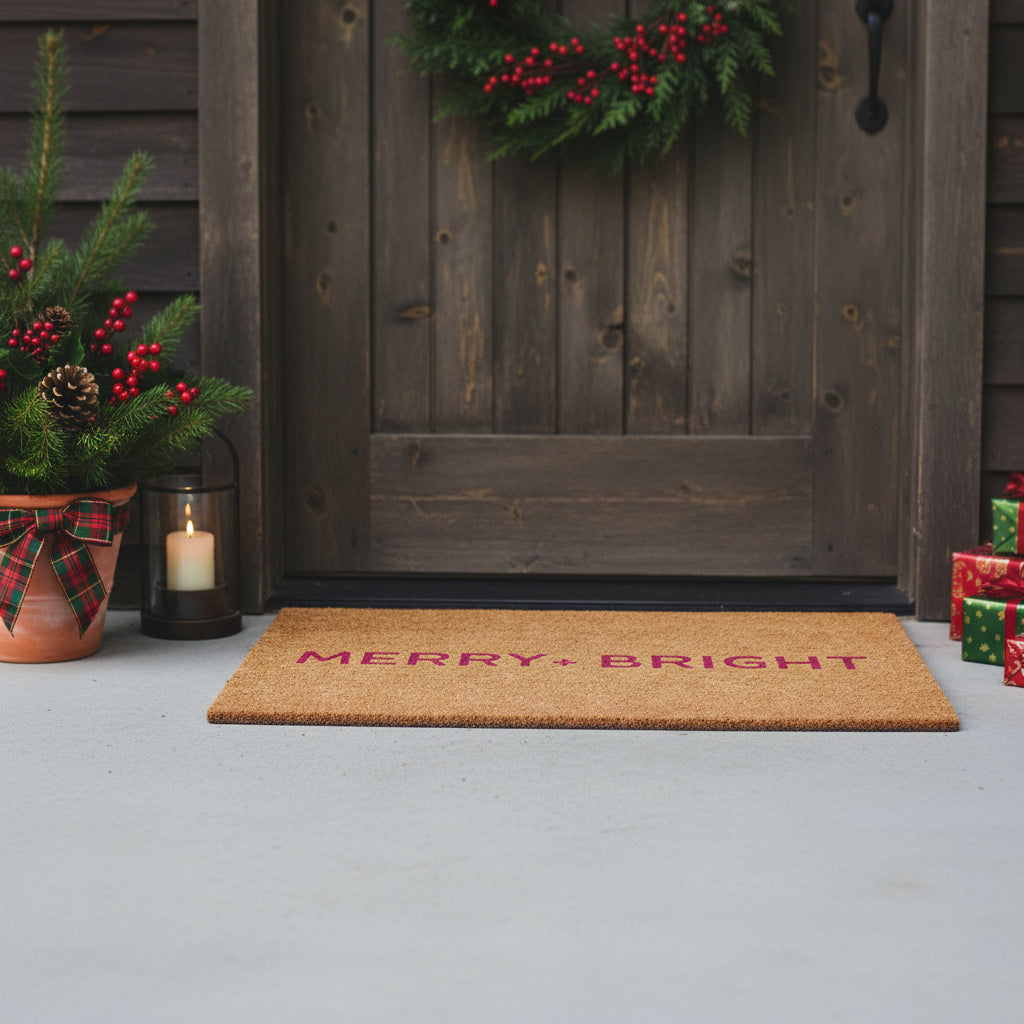 17 X 29 Brown And Pink Christmas Merry and Bright Outdoor Coir Door Mat