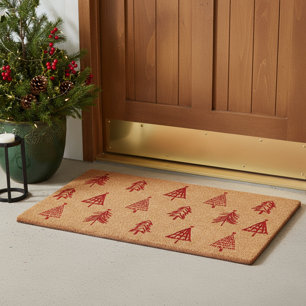 17 X 29 Brown And Red Christmas Trees Outdoor Coir Door Mat