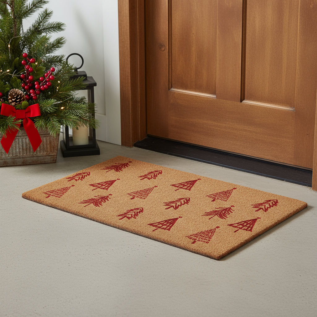 24 X 36 Brown And Red Christmas Trees Outdoor Coir Door Mat