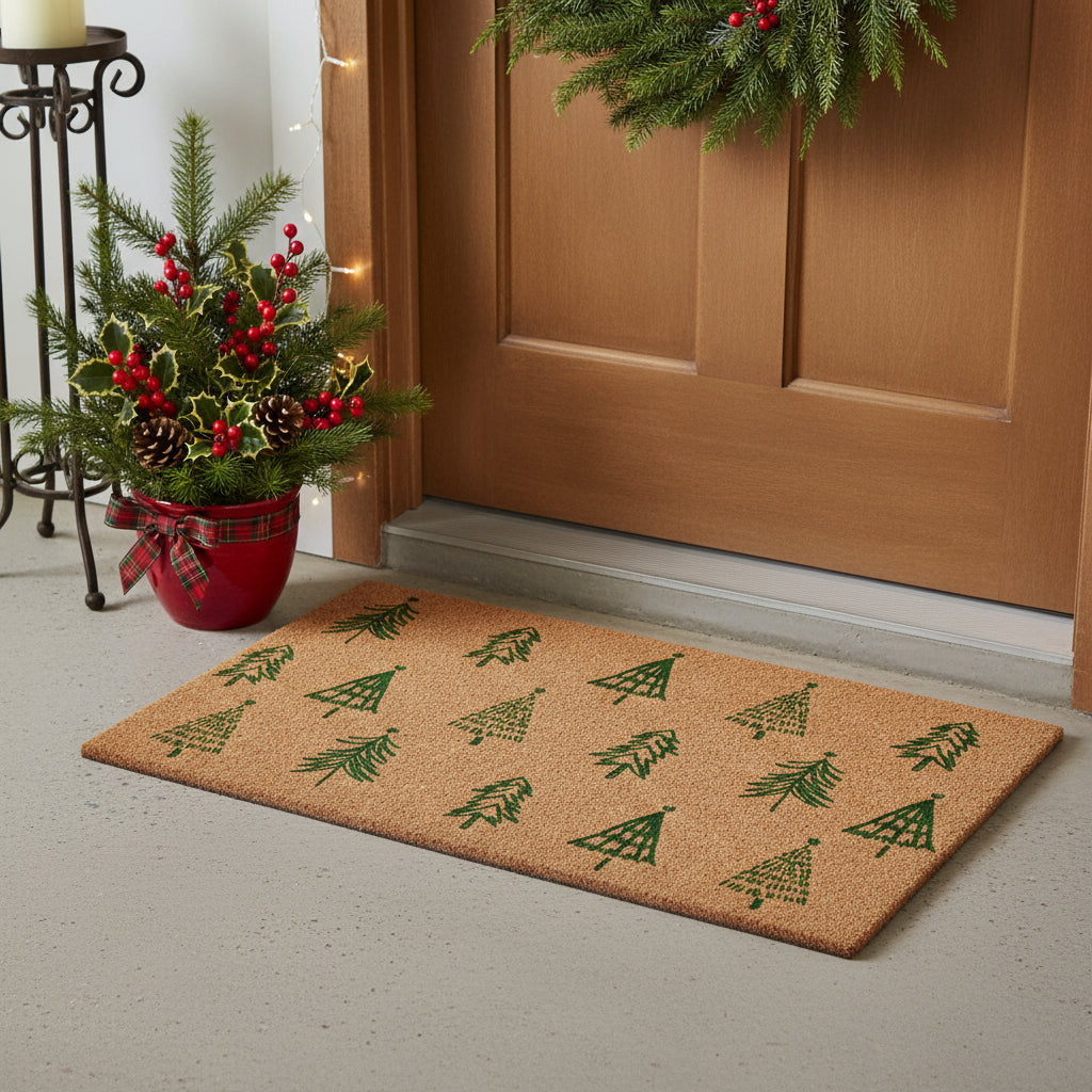 17 X 29 Brown And Green Christmas Trees Outdoor Coir Door Mat