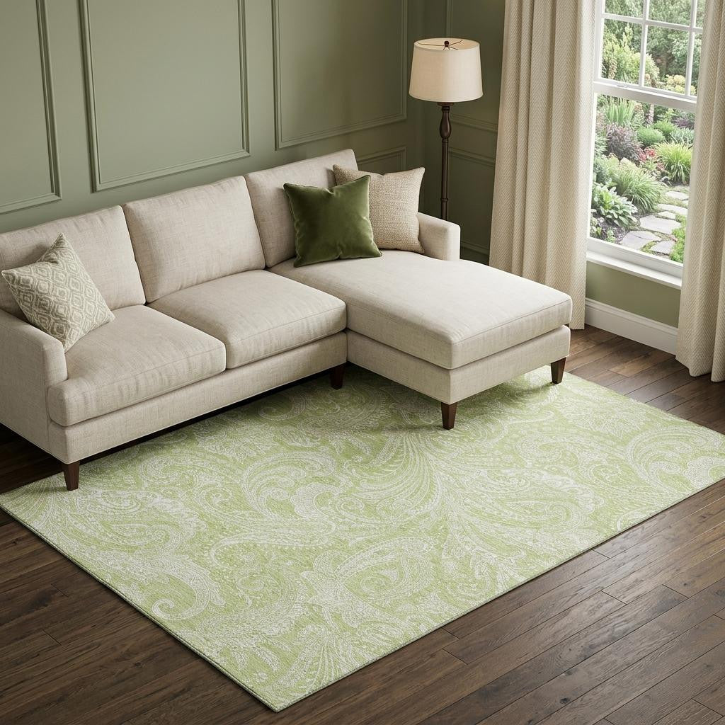 8 X 10 Artichoke Green And Ivory Paisley Washable Area Rug With UV Protection