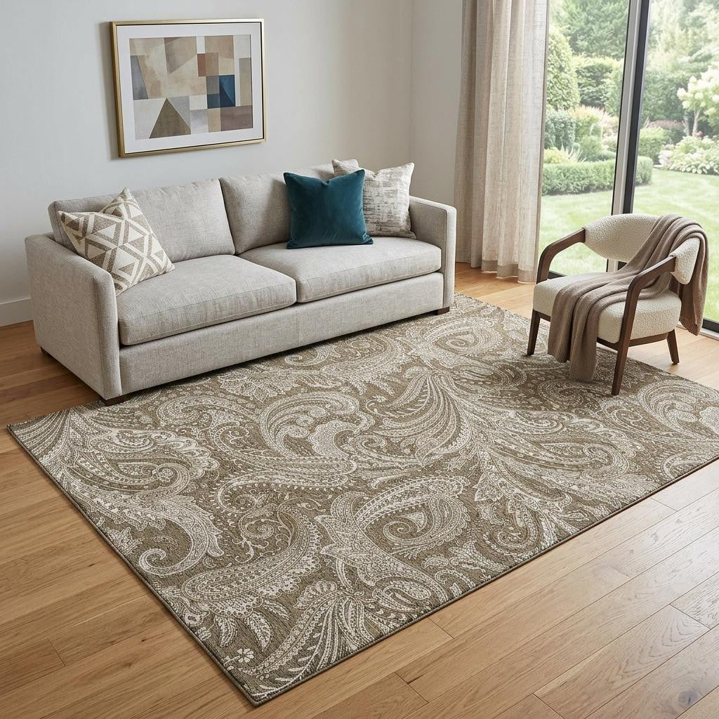 5 X 8 Chocolate And Ivory Paisley Washable Area Rug With UV Protection