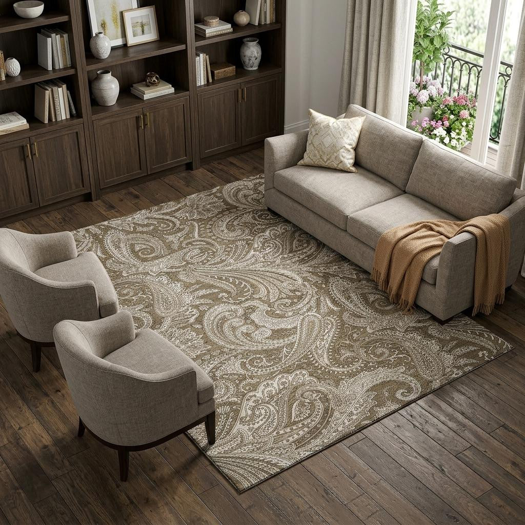 8 X 10 Chocolate And Ivory Paisley Washable Area Rug With UV Protection