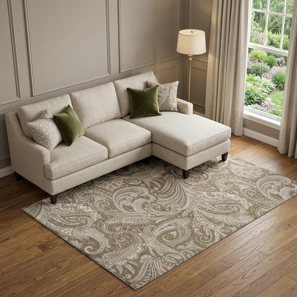 9 X 12 Chocolate And Ivory Paisley Washable Area Rug With UV Protection
