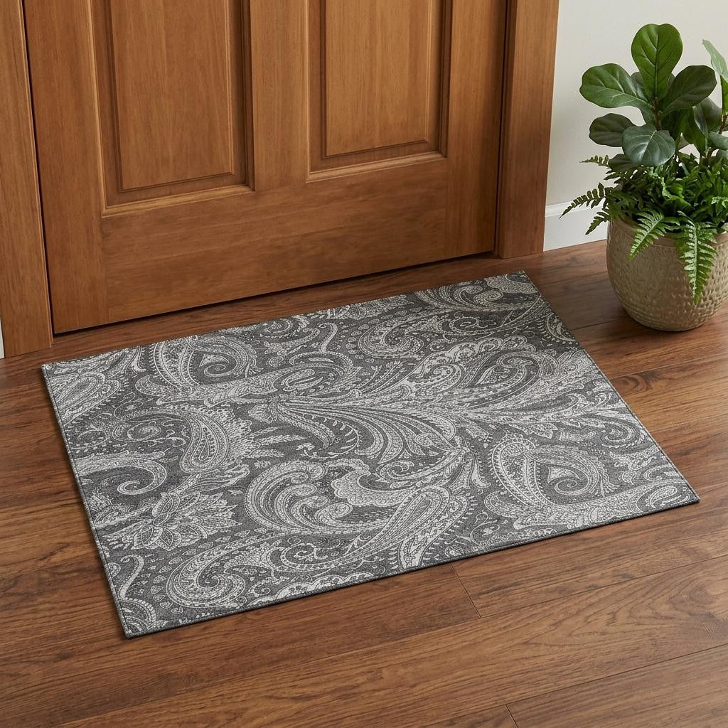 3 X 5 Gray And Ivory Paisley Washable Area Rug With UV Protection