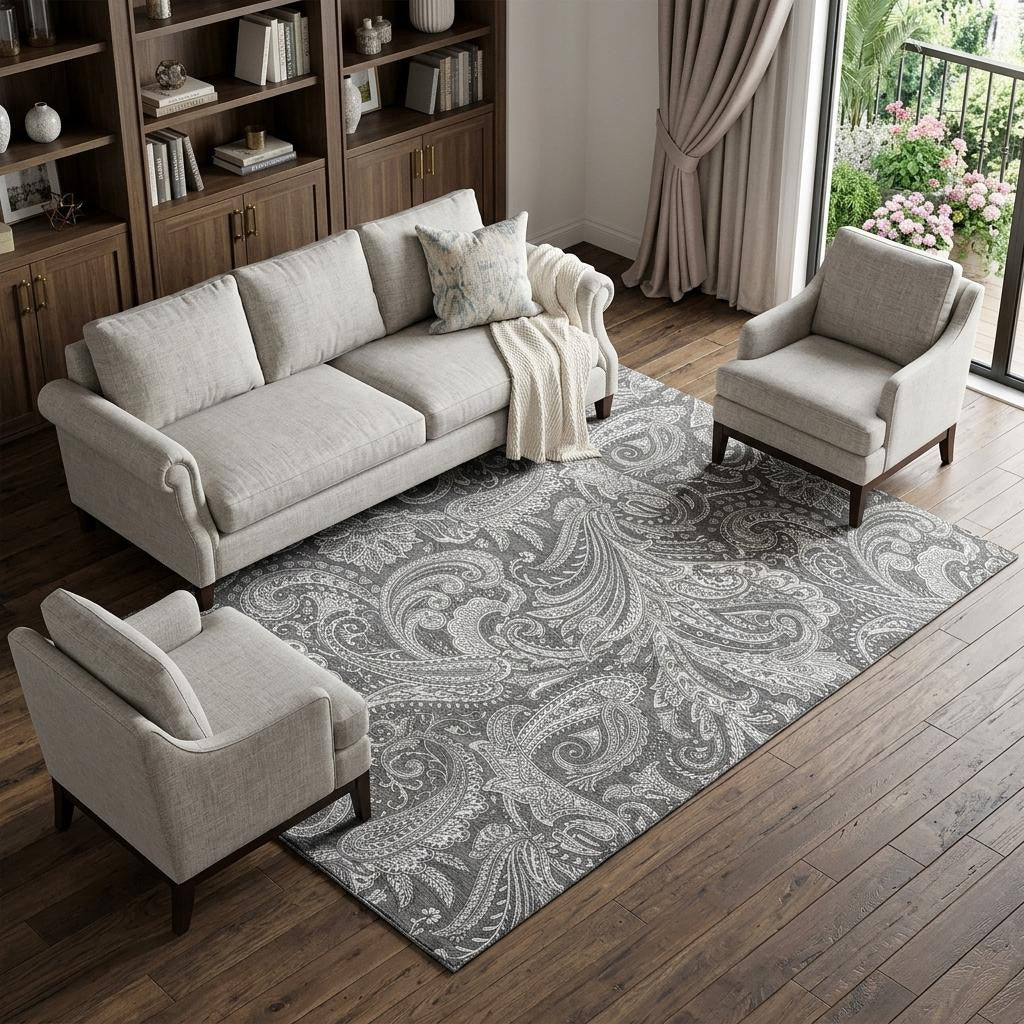 8 X 10 Gray And Ivory Paisley Washable Area Rug With UV Protection