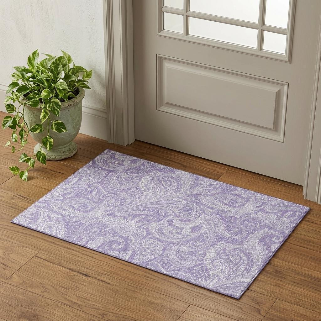 3 X 5 Lavender And Ivory Paisley Washable Area Rug With UV Protection