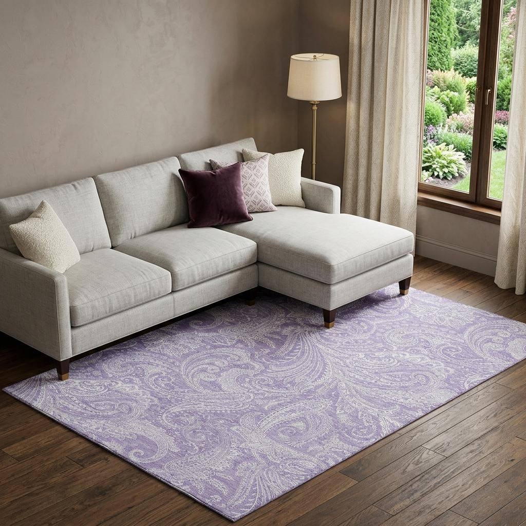 8 X 10 Lavender And Ivory Paisley Washable Area Rug With UV Protection