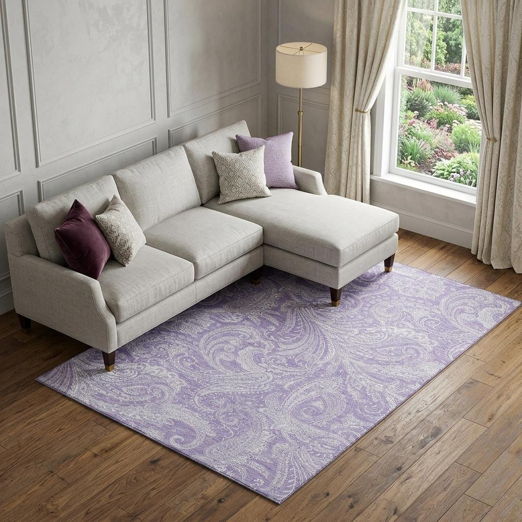 9 X 12 Lavender And Ivory Paisley Washable Area Rug With UV Protection