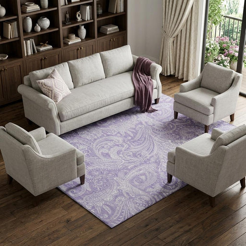 10 X 14 Lavender And Ivory Paisley Washable Area Rug With UV Protection