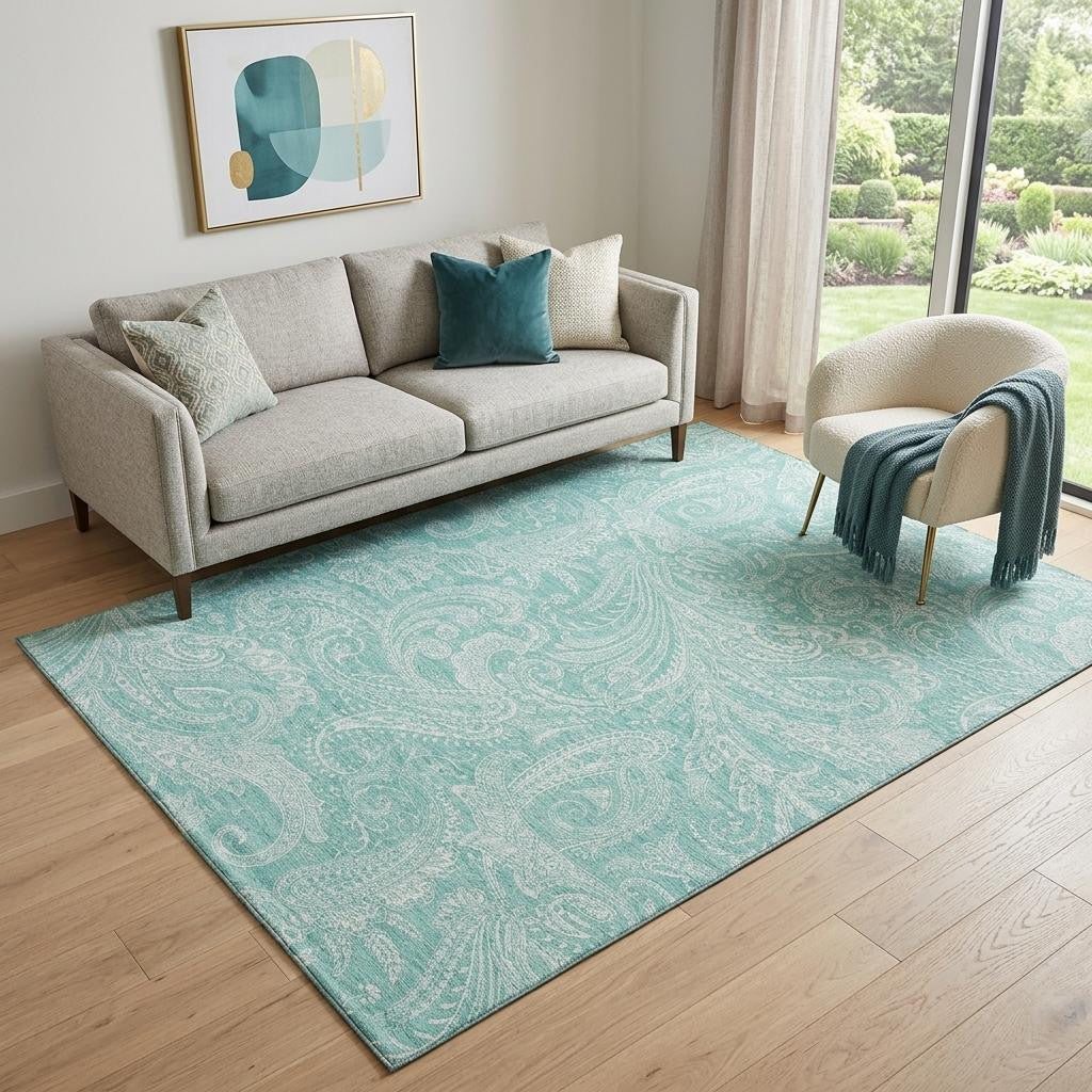 5 X 8 Teal And Ivory Paisley Washable Area Rug With UV Protection